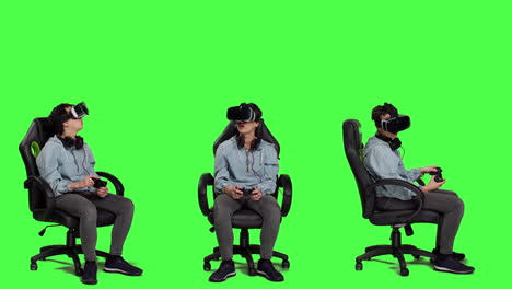 Woman-playing-video-games-using-virtual-reality-headset-in-studio